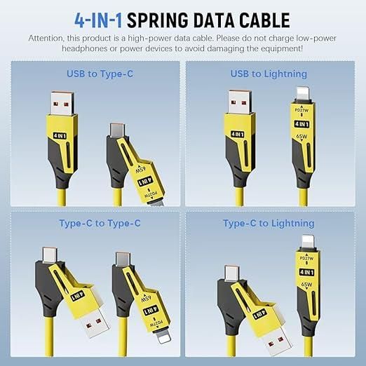 4-in-1 Fast Charging Coiled Cable – 65W | USB-C, Micro USB, Lightning Compatible