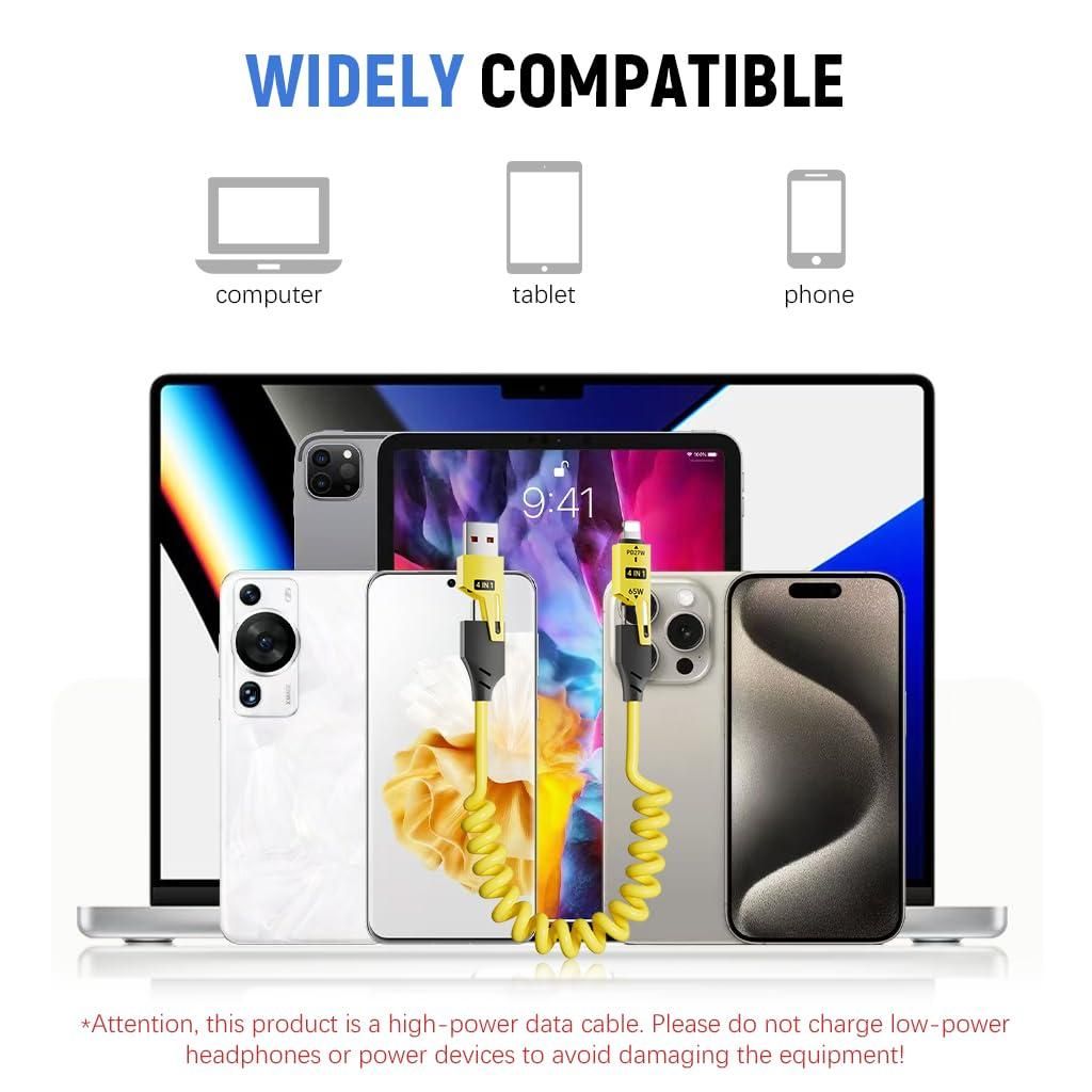 4-in-1 Fast Charging Coiled Cable – 65W | USB-C, Micro USB, Lightning Compatible