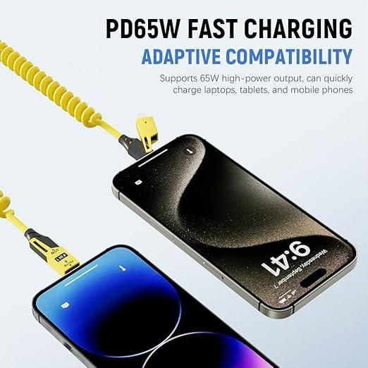 4-in-1 Fast Charging Coiled Cable – 65W | USB-C, Micro USB, Lightning Compatible