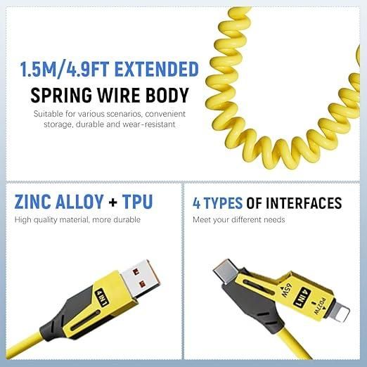 4-in-1 Fast Charging Coiled Cable – 65W | USB-C, Micro USB, Lightning Compatible
